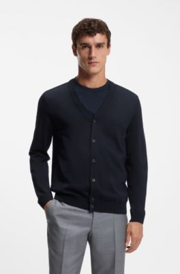 V-neck cardigan in virgin wool, Dark Blue