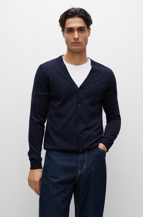 Button-up cardigan in virgin wool with embroidered logo, Dark Blue