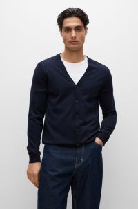 Cardigan aus Schurwolle mit V-Ausschnitt, Dunkelblau