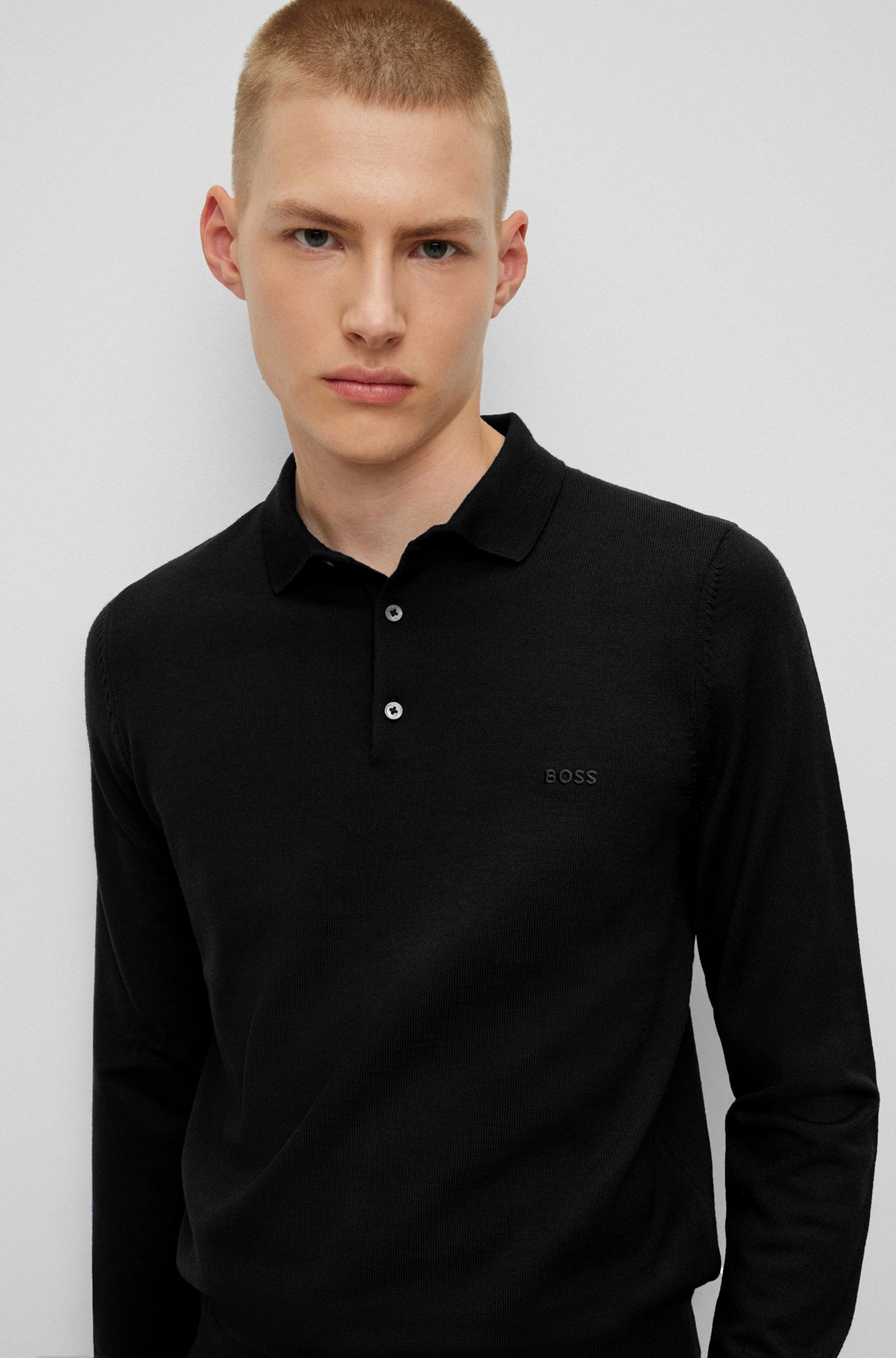 Polo sweater in virgin wool with embroidered logo, Black