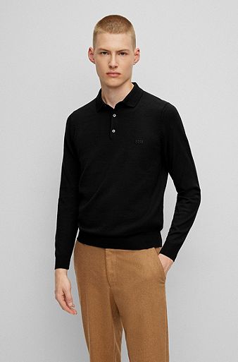 Polo sweater in virgin wool with embroidered logo, Black