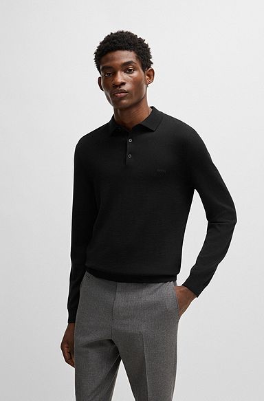 Virgin-wool polo sweater with embroidered logo, Black