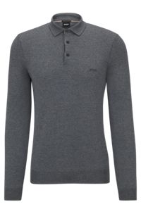 Polo sweater in virgin wool with embroidered logo, Grey