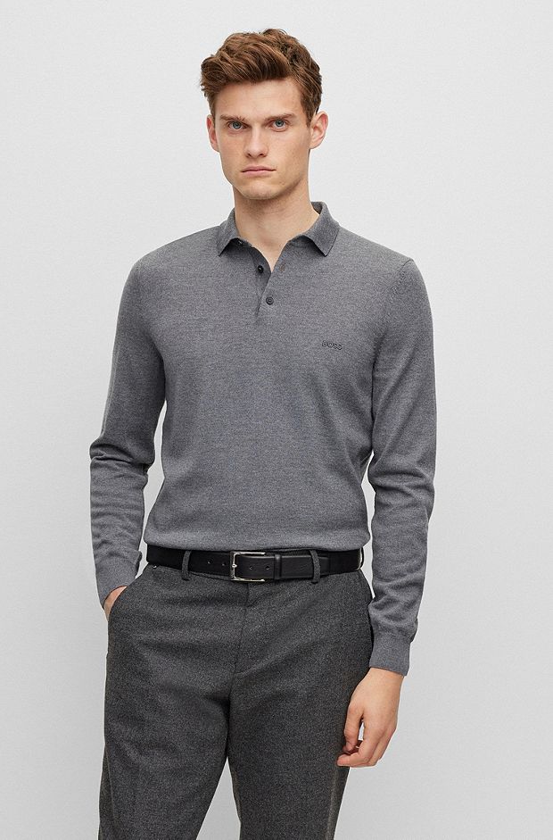 Virgin-wool polo sweater with embroidered logo, Grey
