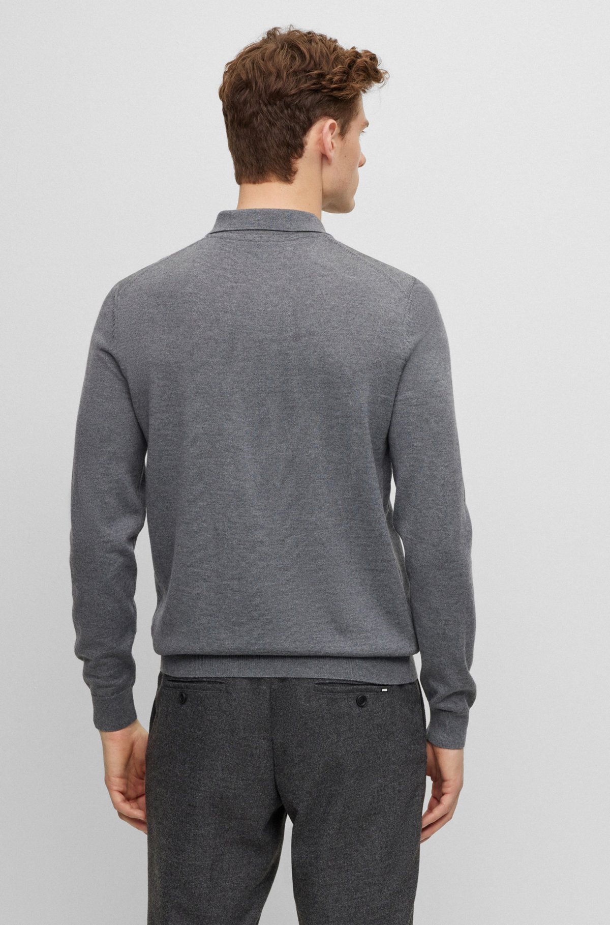 Polo sweater in virgin wool with embroidered logo, Grey