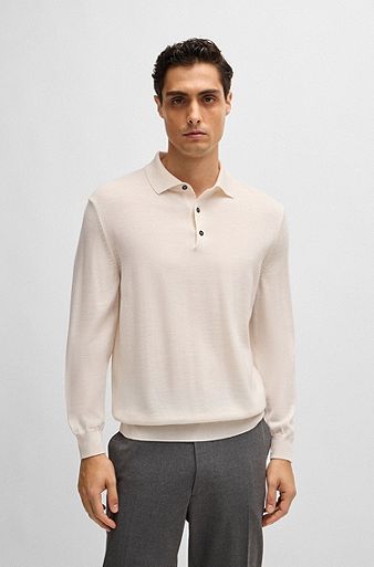 Virgin-wool polo sweater with embroidered logo, White