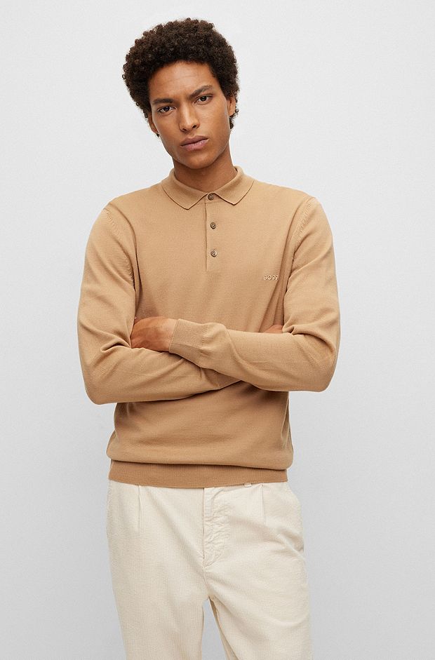 Polo sweater in virgin wool with embroidered logo, Beige