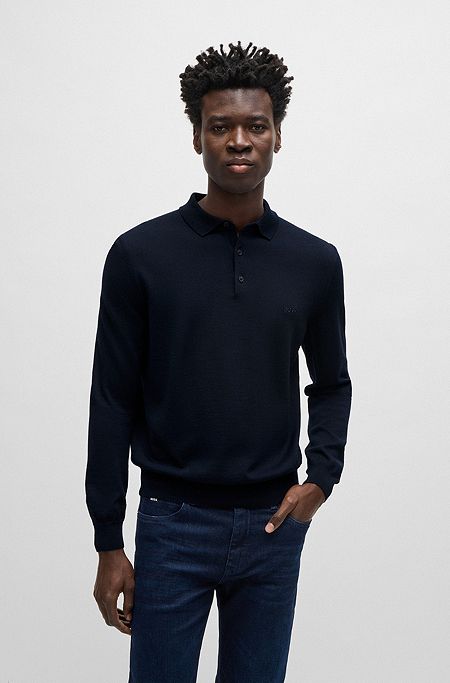 Polo sweater in virgin wool with embroidered logo, Dark Blue
