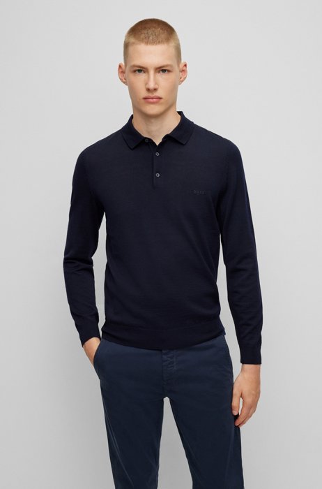 Polo sweater in virgin wool with embroidered logo, Dark Blue