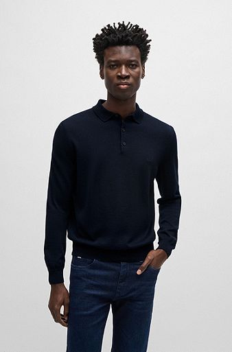 Virgin-wool polo sweater with embroidered logo, Dark Blue
