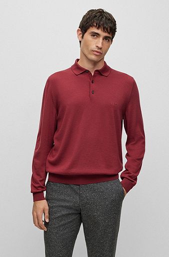 Polo sweater in virgin wool with embroidered logo, Dark Red