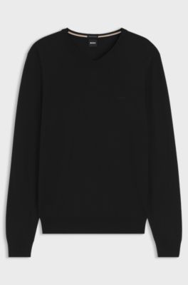 Maglione in lana vergine con scollo a V e logo ricamato, Nero