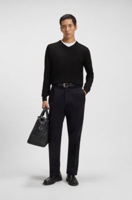 V-neck sweater in virgin wool with embroidered logo, Black