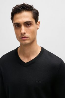 V-neck sweater in virgin wool with embroidered logo, Black