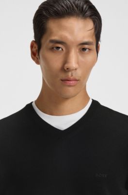 V-neck sweater in virgin wool with embroidered logo, Black