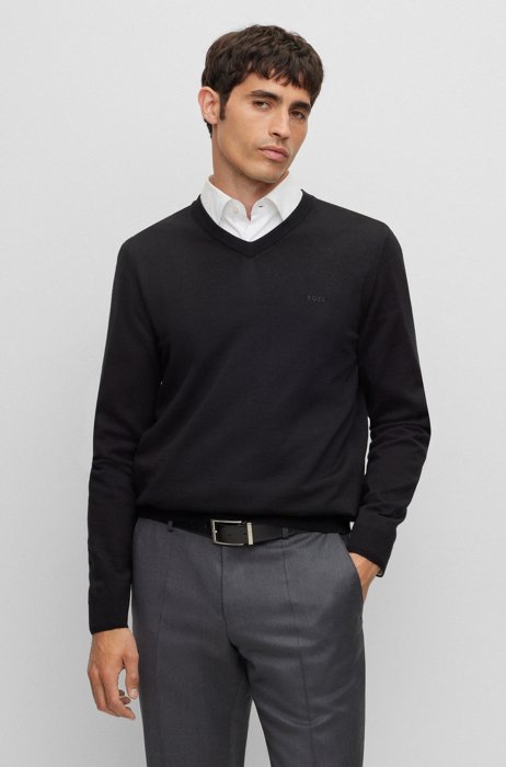 Pullover aus nachhaltigerer Wolle mit V-Ausschnitt, Schwarz