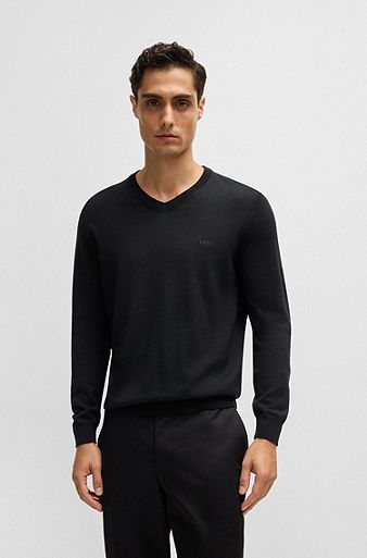 Virgin-wool regular-fit sweater with embroidered logo, Black