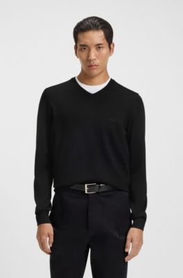V-neck sweater in virgin wool with embroidered logo, Black
