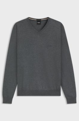 V-neck sweater in virgin wool with embroidered logo, Grey