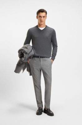 V-neck sweater in virgin wool with embroidered logo, Grey
