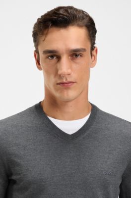 V-neck sweater in virgin wool with embroidered logo, Grey