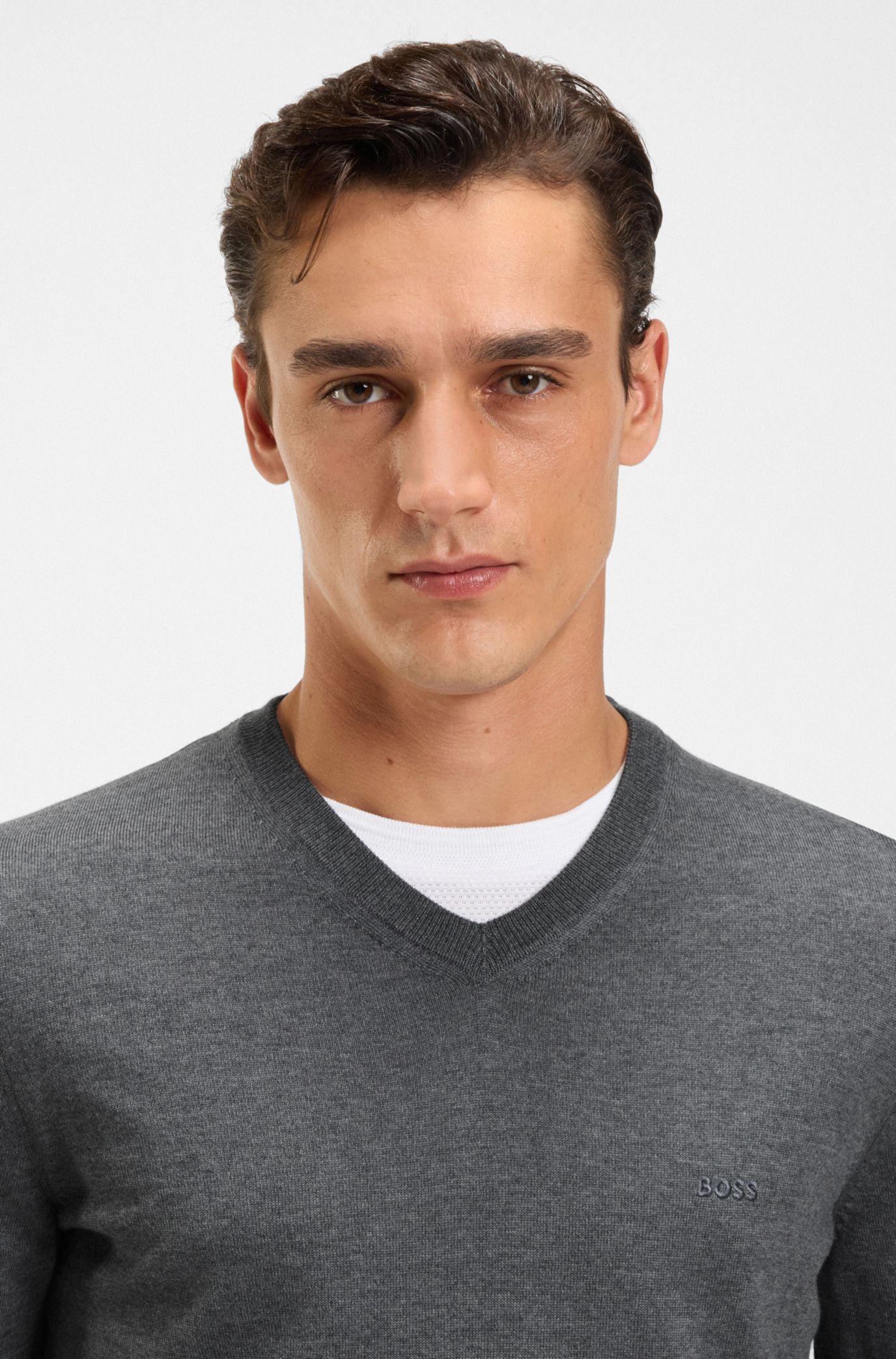 V-neck sweater in virgin wool with embroidered logo, Grey