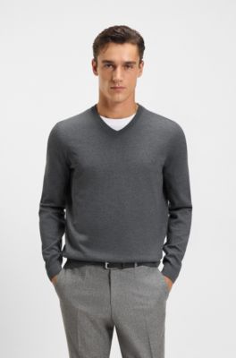 V-neck sweater in virgin wool with embroidered logo, Grey