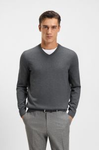 V-neck sweater in virgin wool with embroidered logo, Grey