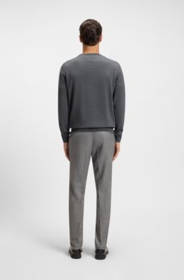 V-neck sweater in virgin wool with embroidered logo, Grey