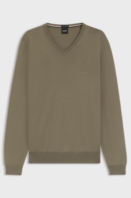 V-neck sweater in virgin wool with embroidered logo, Light Brown