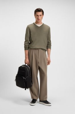 V-neck sweater in virgin wool with embroidered logo, Light Brown