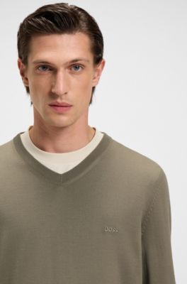 V-neck sweater in virgin wool with embroidered logo, Light Brown