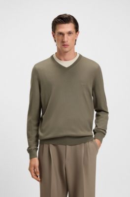 Pull &agrave; col&nbsp;V en laine vierge avec logo brod&eacute;, Brun chin&eacute;