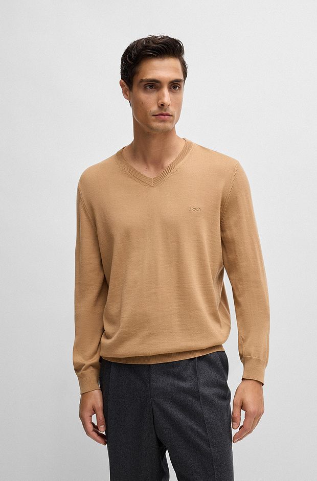 Virgin-wool regular-fit sweater with embroidered logo, Beige