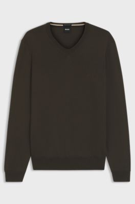 V-neck sweater in virgin wool with embroidered logo, Dark Green