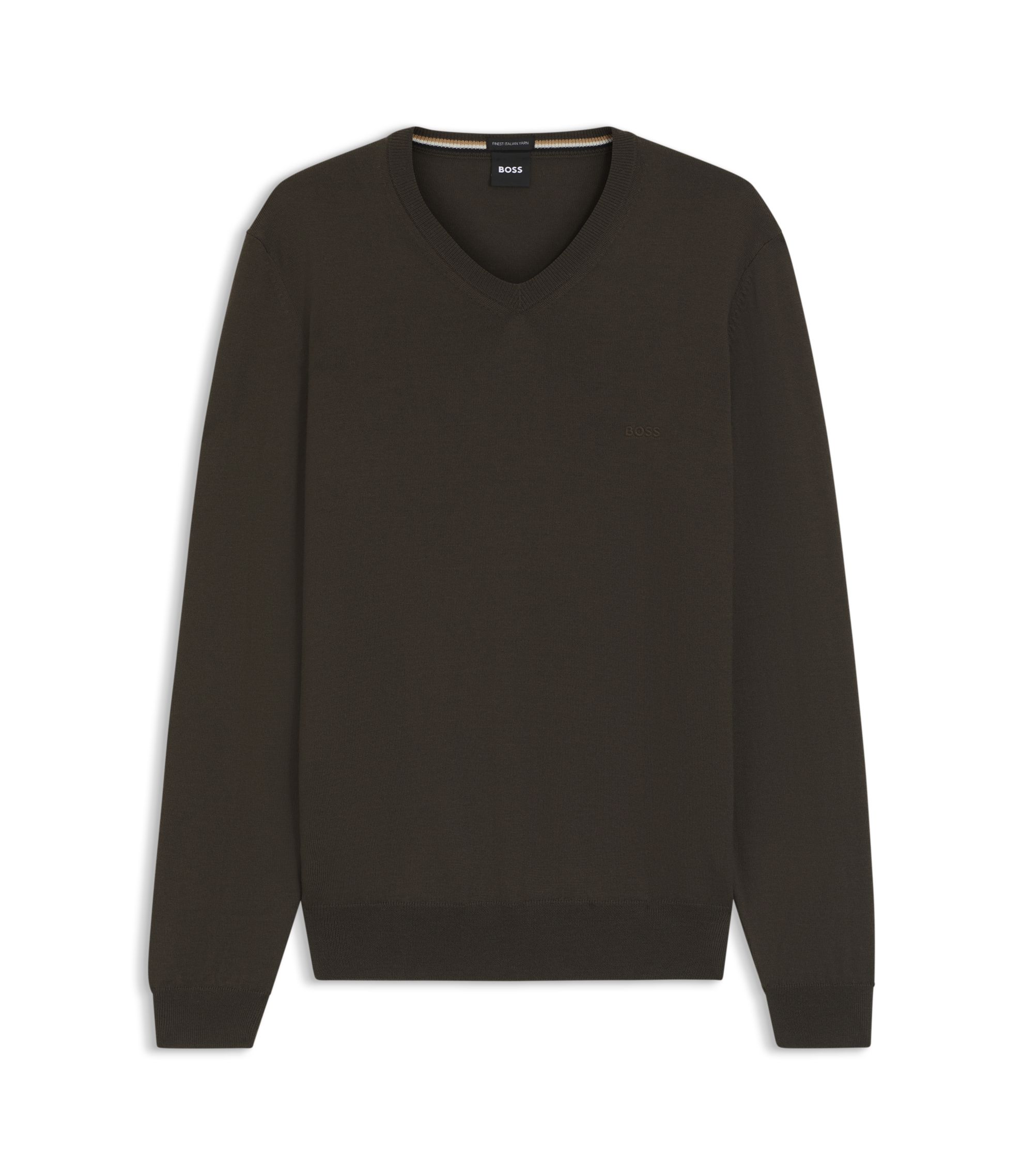BOSS - V-neck sweater in virgin wool with embroidered logo - Dark