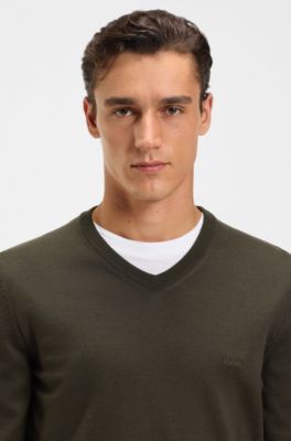 V-neck sweater in virgin wool with embroidered logo, Dark Green