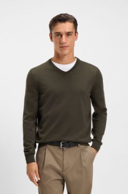 V-neck sweater in virgin wool with embroidered logo, Dark Green