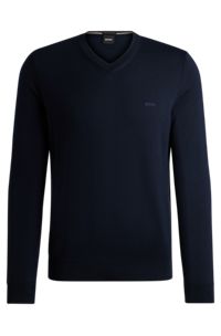 V-halset sweater i ansvarlig uld, Mørkeblå