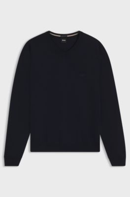 V-neck sweater in virgin wool with embroidered logo, Dark Blue