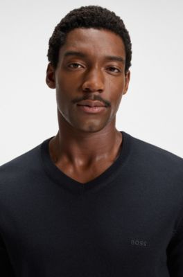 Trui van scheerwol met V-hals en logostiksel, Donkerblauw