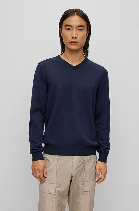 Virgin-wool regular-fit sweater with embroidered logo, Dark Blue
