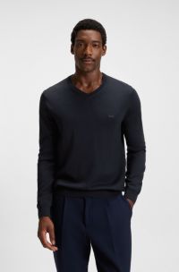 V-neck sweater in virgin wool with embroidered logo, Dark Blue