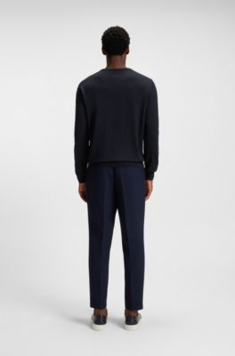 V-neck sweater in virgin wool with embroidered logo, Dark Blue