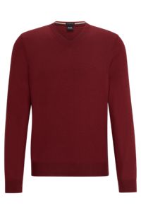  V-halset sweater i ansvarlig uld, Mørkerød