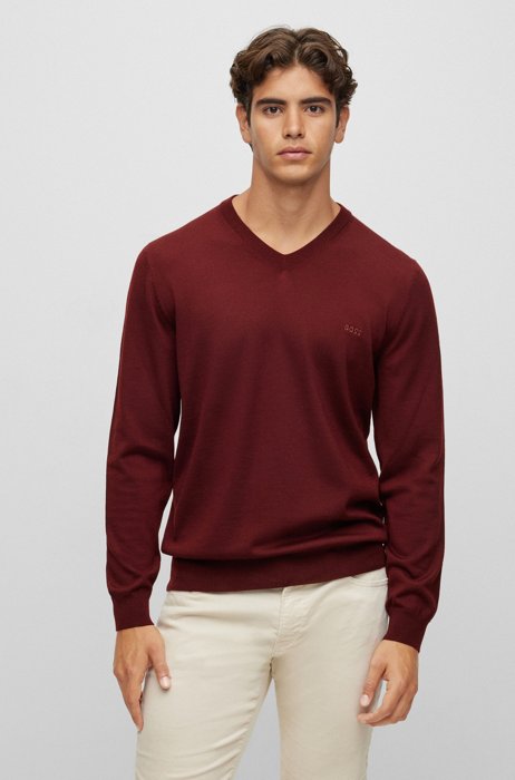 V-neck sweater in responsible wool, Dark Red