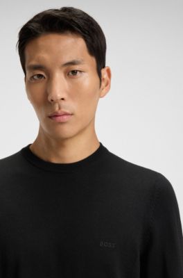 Regular-fit sweater in virgin wool with embroidered logo, Black