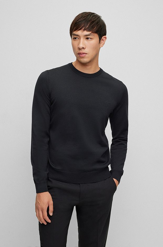 Crew-neck sweater in virgin wool with embroidered logo, Black
