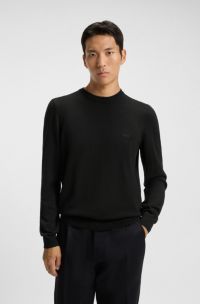 Regular-fit sweater in virgin wool with embroidered logo, Black
