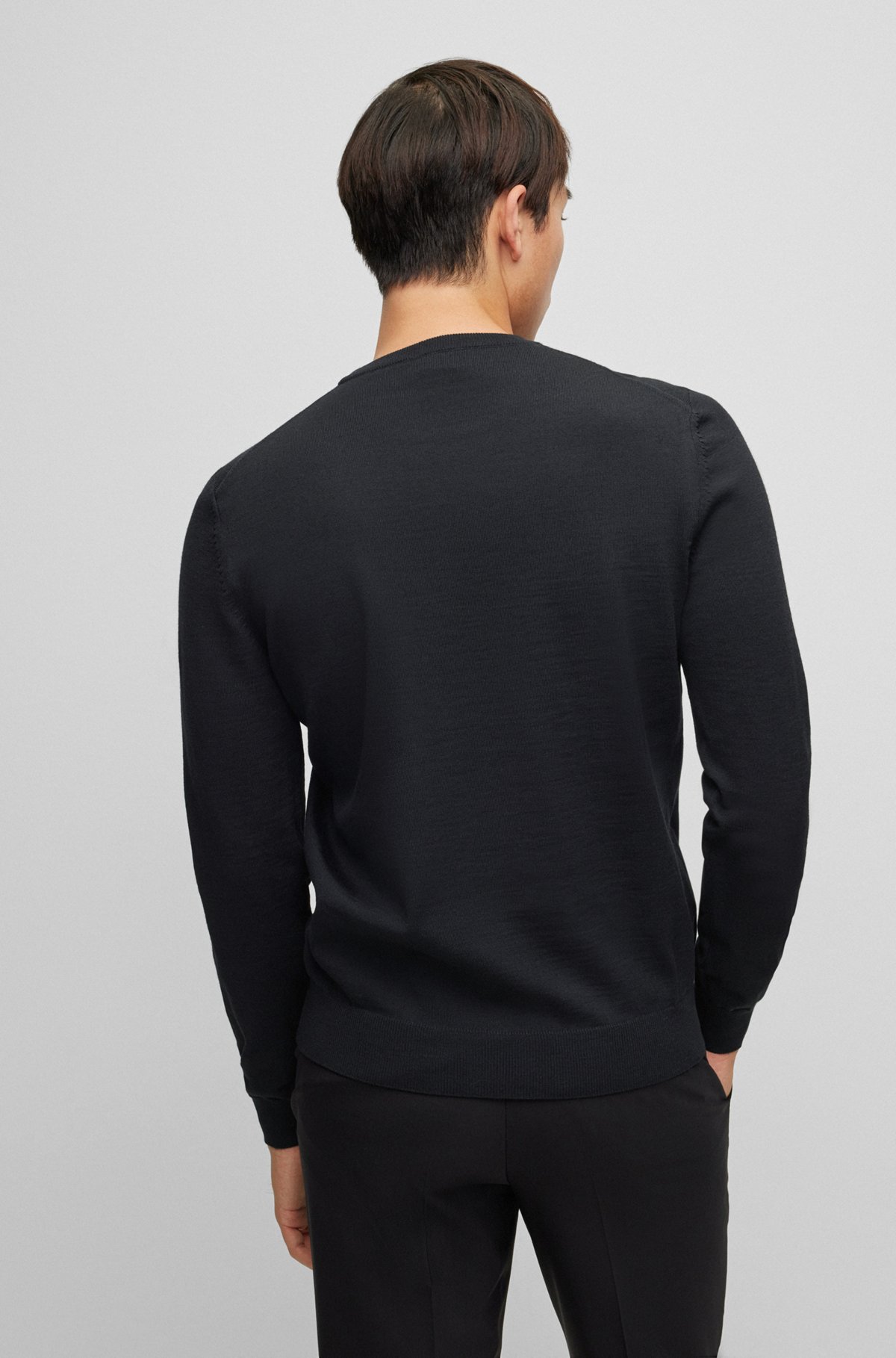 Crew-neck sweater in virgin wool with embroidered logo, Black